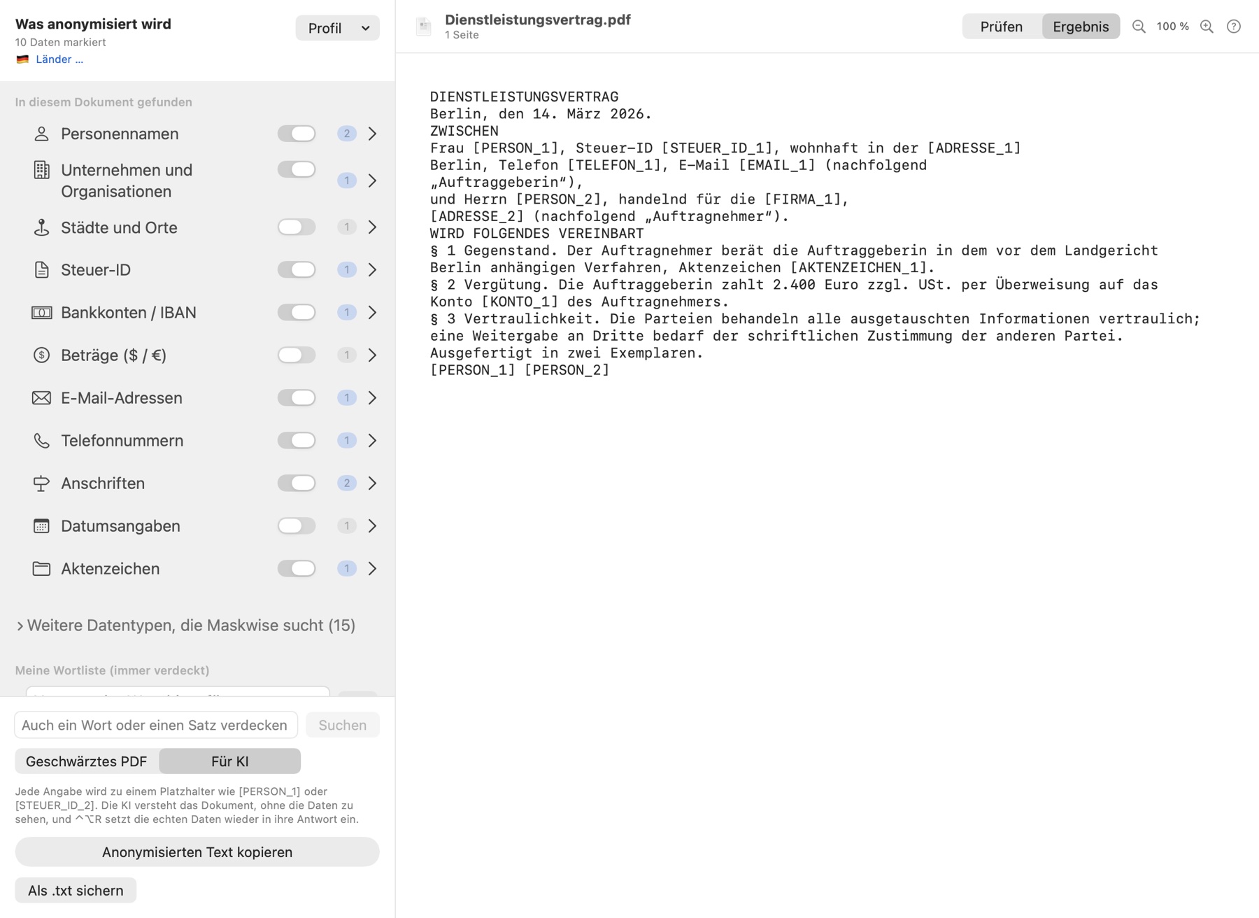 Ansicht Für KI: der Vertragstext mit Platzhaltern wie [PERSON_1]