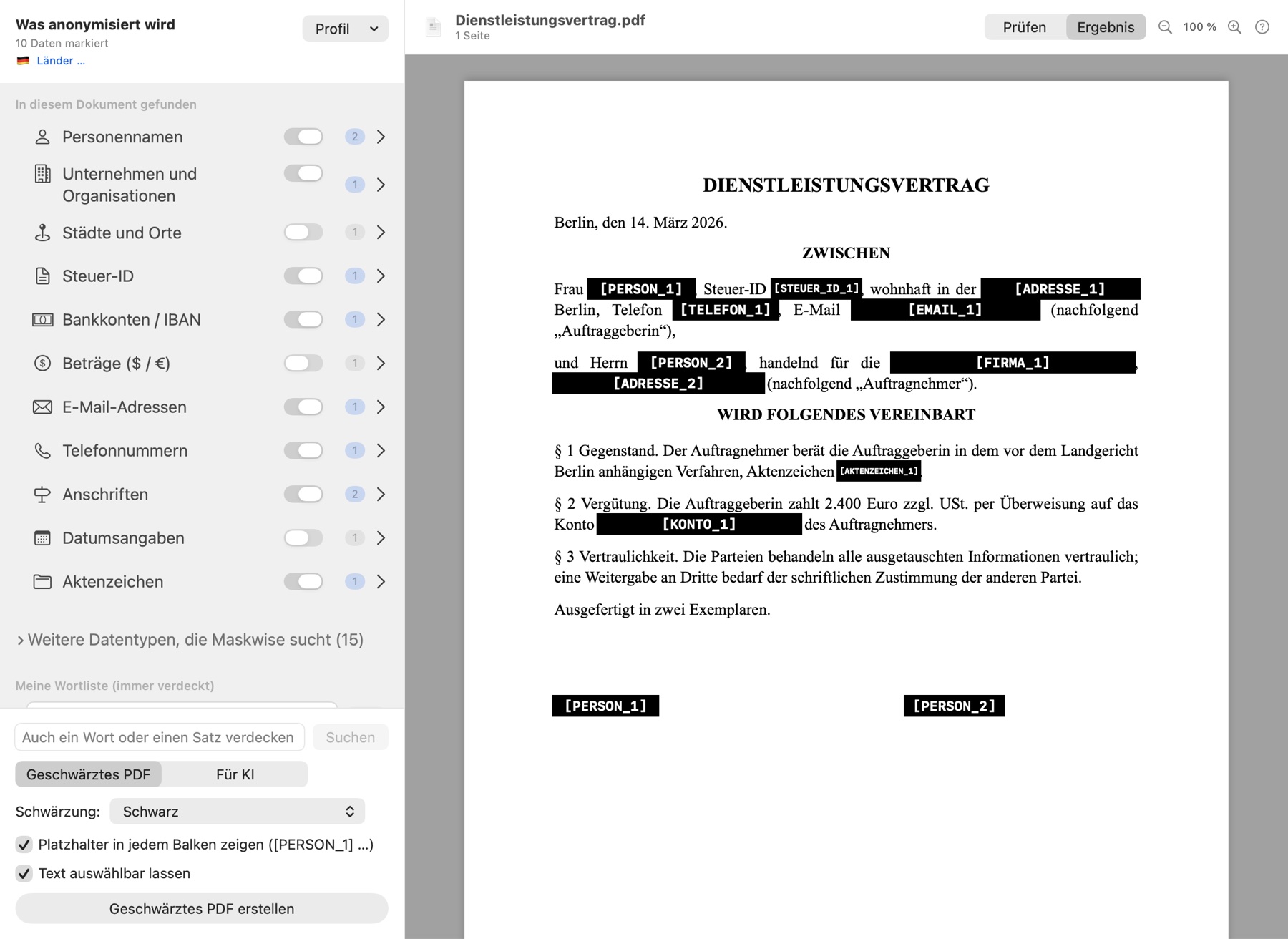 Von Maskwise geschwärztes PDF: der Vertrag mit geschwärzten und beschrifteten Angaben