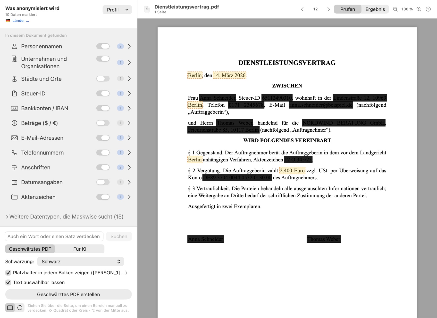 Maskwise im Modus Prüfen: gefundene Datenarten und der Vertrag mit markierten Angaben