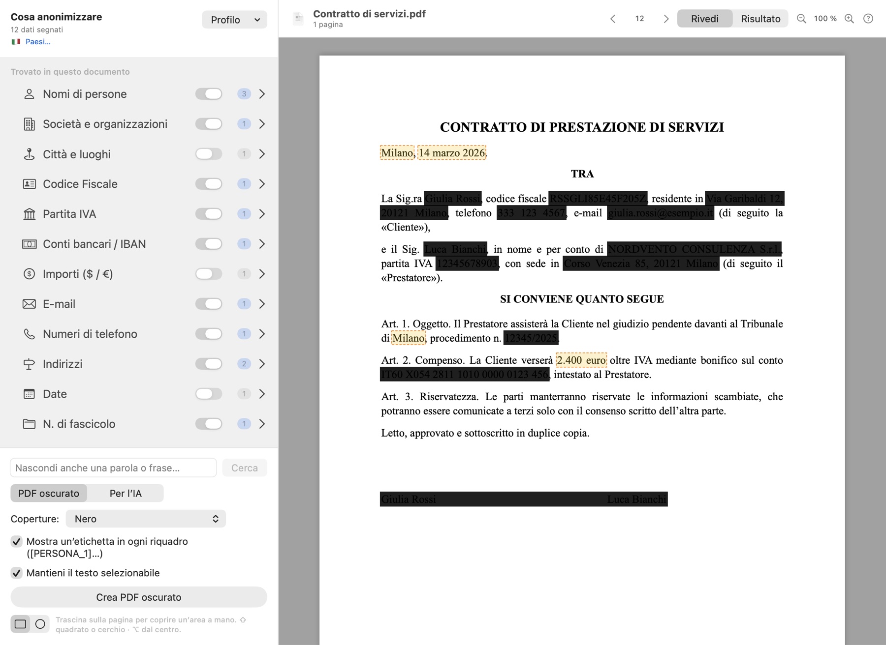 Maskwise in modalità Rivedi: i tipi di dati trovati e il contratto con i dati segnati